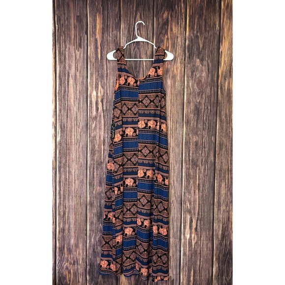 J for Justify Maxi Dress Women 1X Blue Orange Elephant Print Sleeveless Boho - Picture 2 of 9